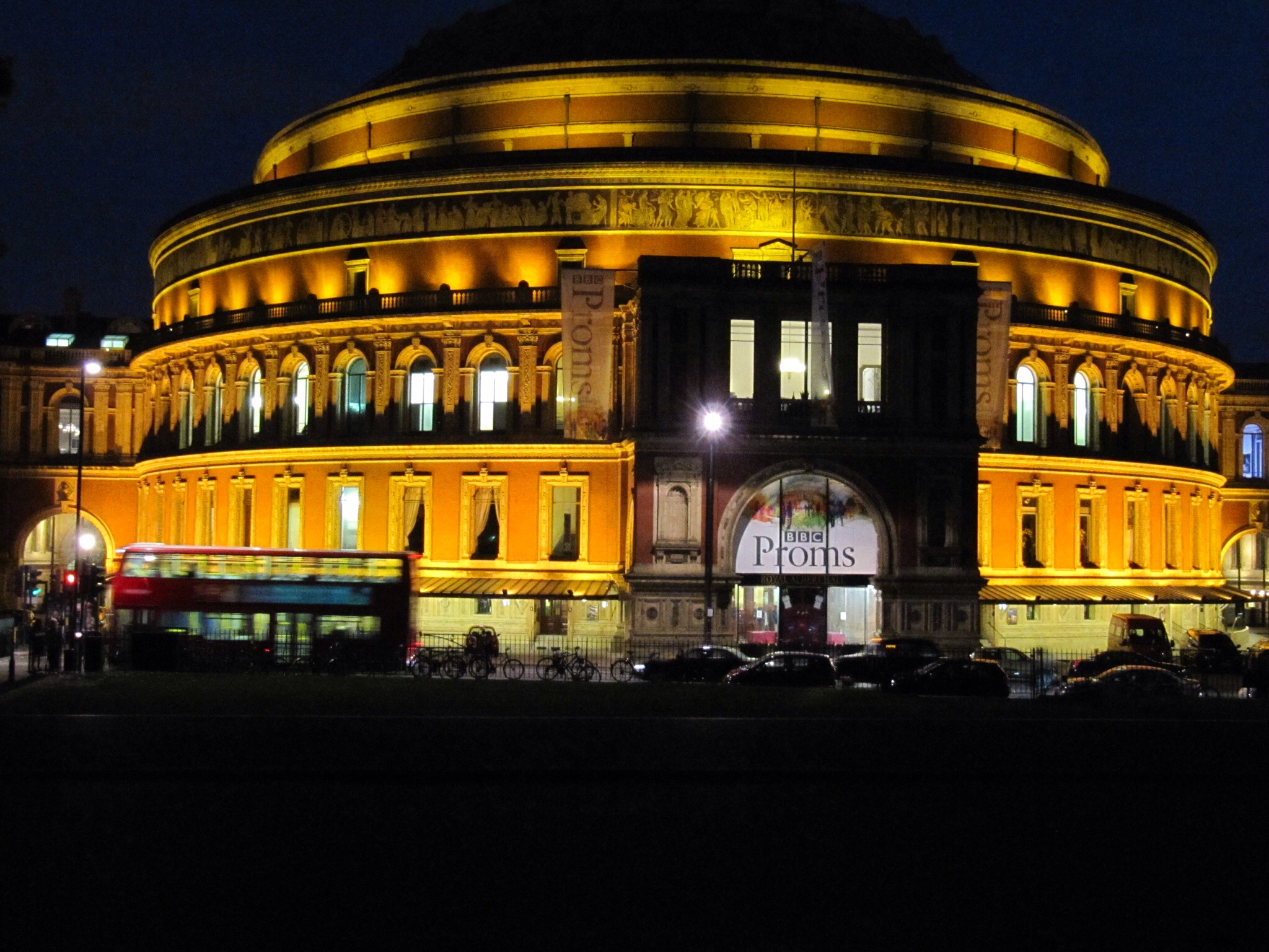 Royal Albert Hall at night.