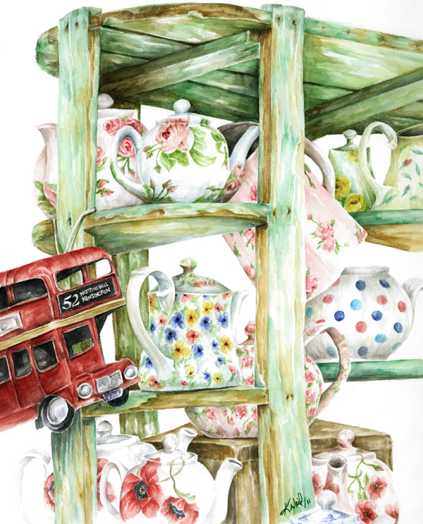 Alice's Teapots, watercolour, 2011